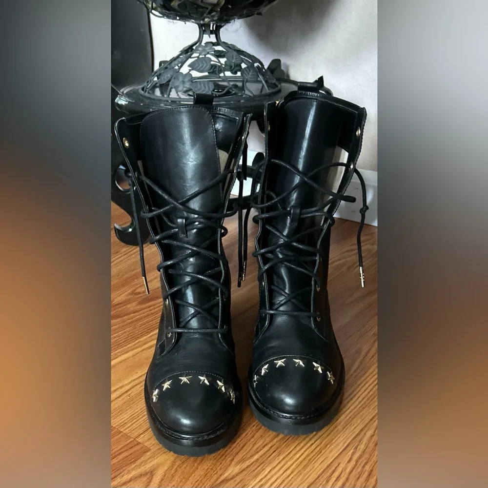 Michael Kors Cody Star Studded Black Leather Combat Boots Size 8 - Picture 1 of 10